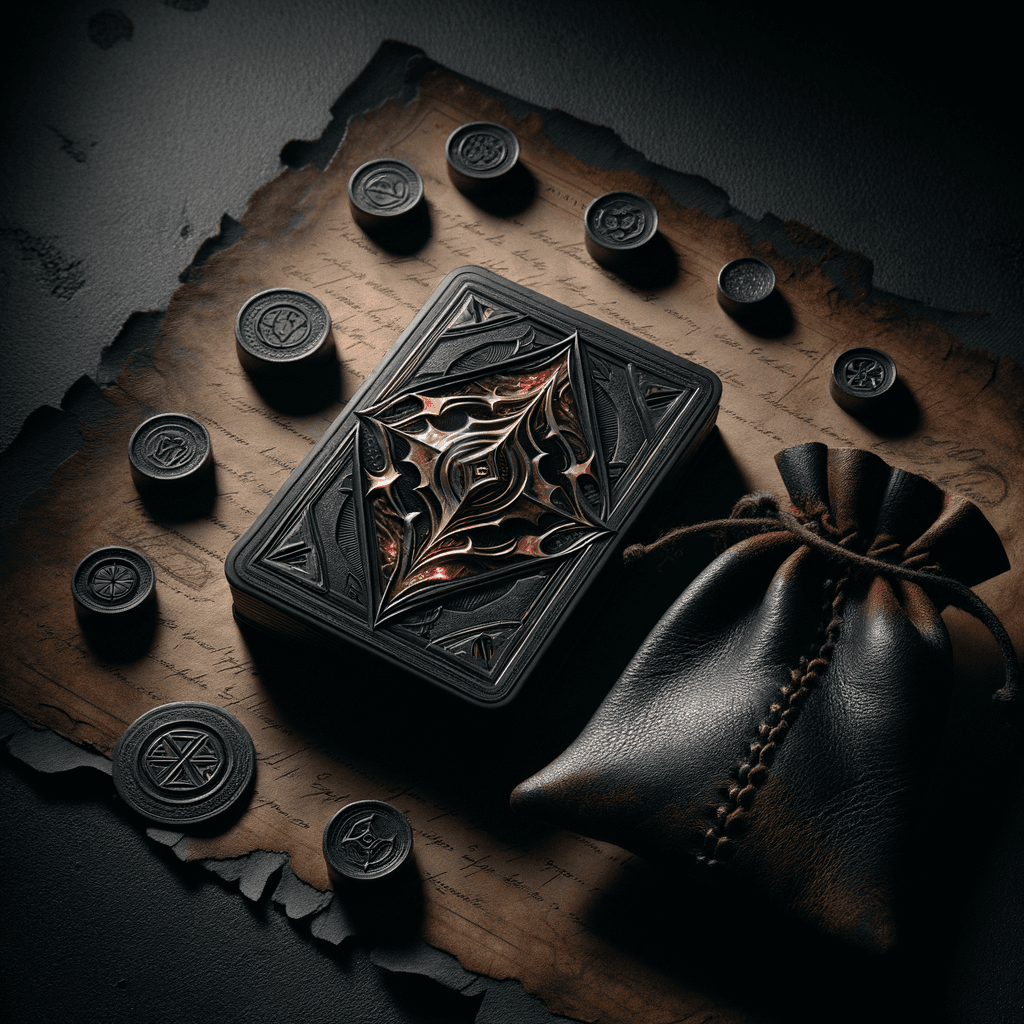 Fray Cards and Vaults — crimson-backed cards and weathered leather pouches